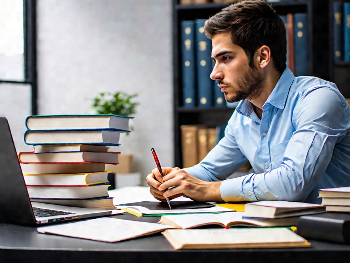 young engineer sitting at desk studying with books around him