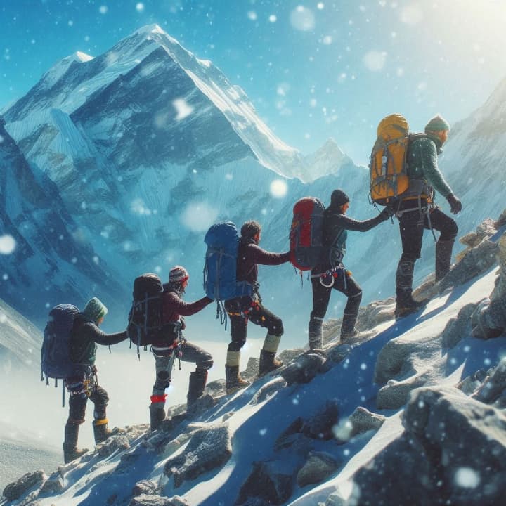 five climbers scaling a mountain in the snow