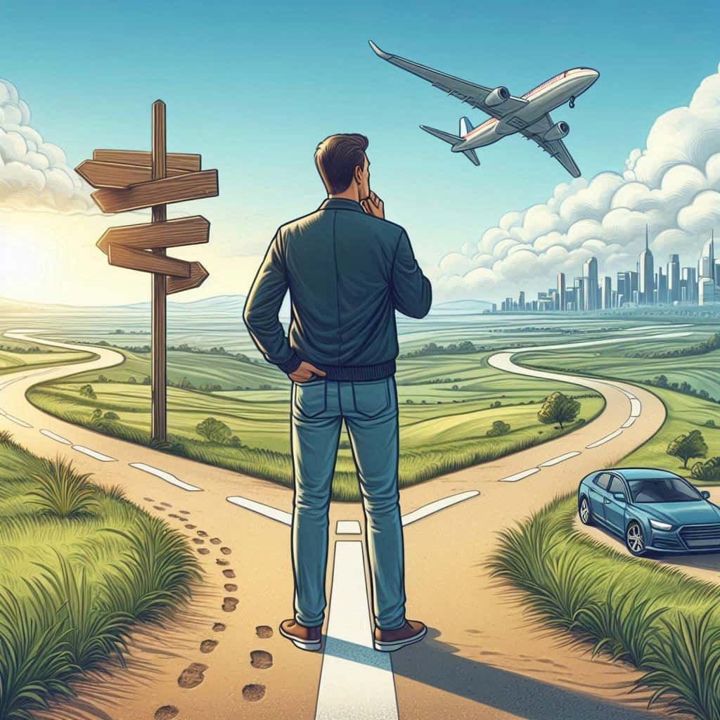 man at crossroads with signpost city and airplane