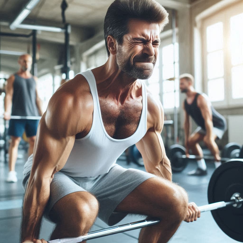 man lifting barbell at gym pushing himself