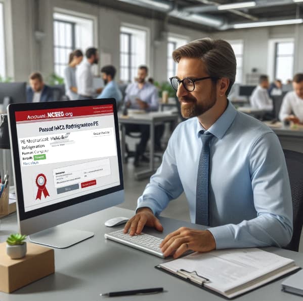 man with glasses and tie sitting at computer happy with his results displayed on screen